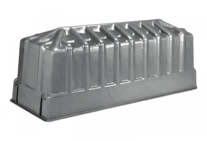 Concrete rectangular burial vault with a flat, sloped lid and metal handles.