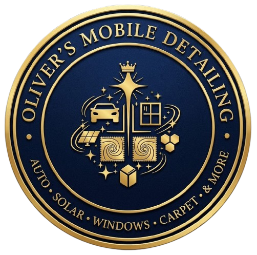 Oliver&rsquo;s Mobile Detailing gold-and-navy logo with car, windows, solar, carpet, and more icons