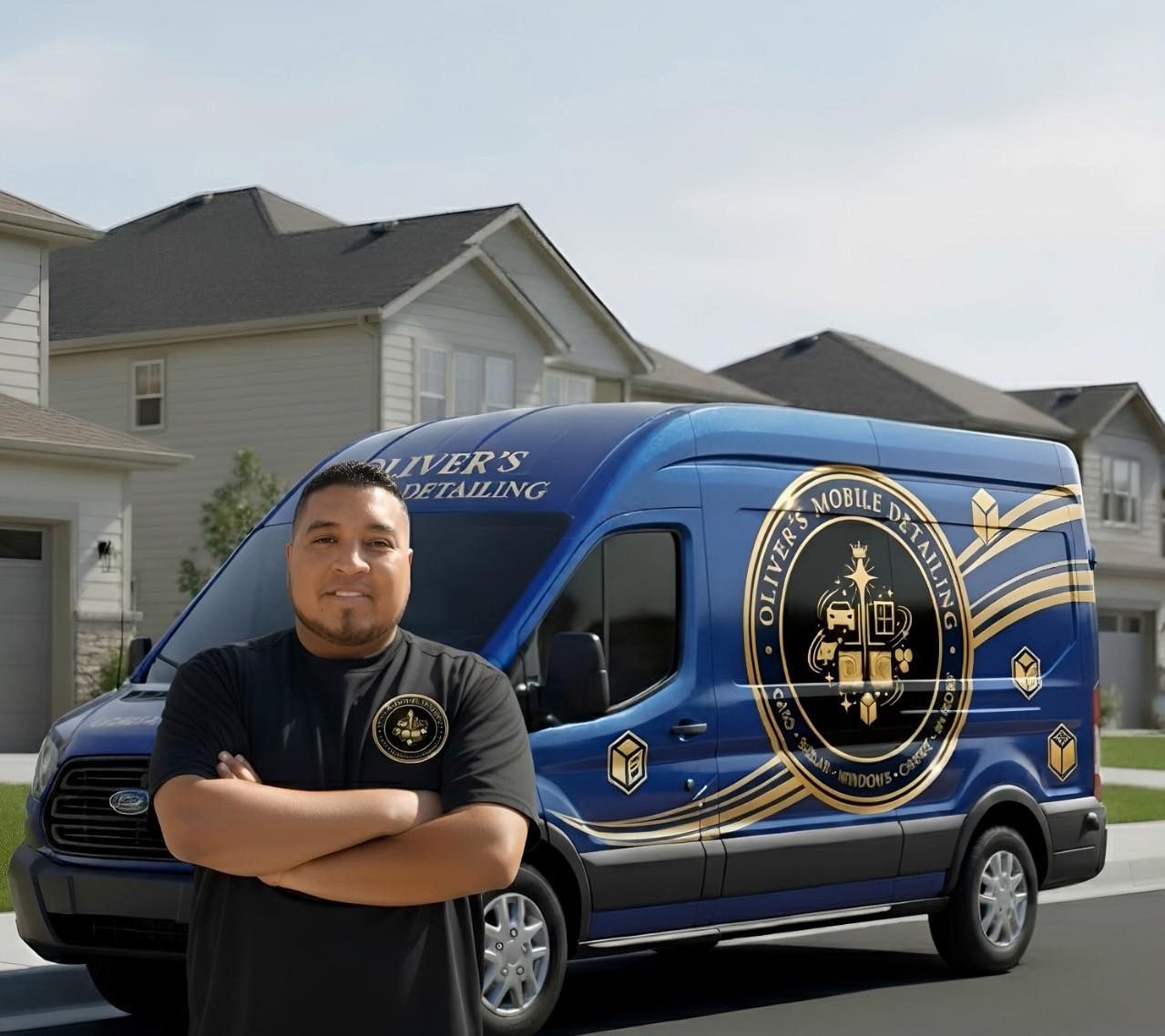 Man standing in front of a blue branded service van in a suburban neighborhood