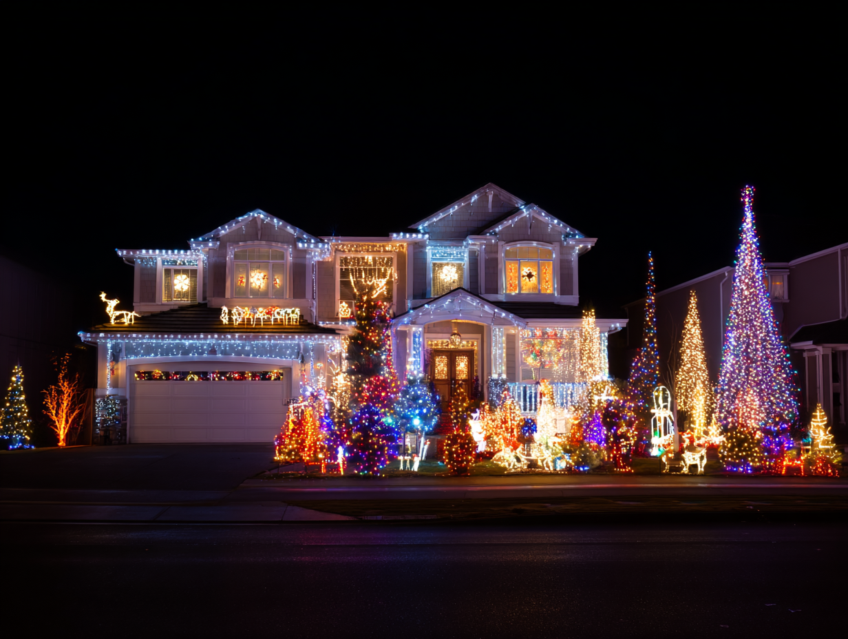 Professional holiday lighting Vancouver services with Christmas LED rooflines, patios, pathways, and trees, festive holiday displays across residential and commercial properties. Vancouver Christmas lighting installation ensures safe, durable, weatherproof installations with professional services.