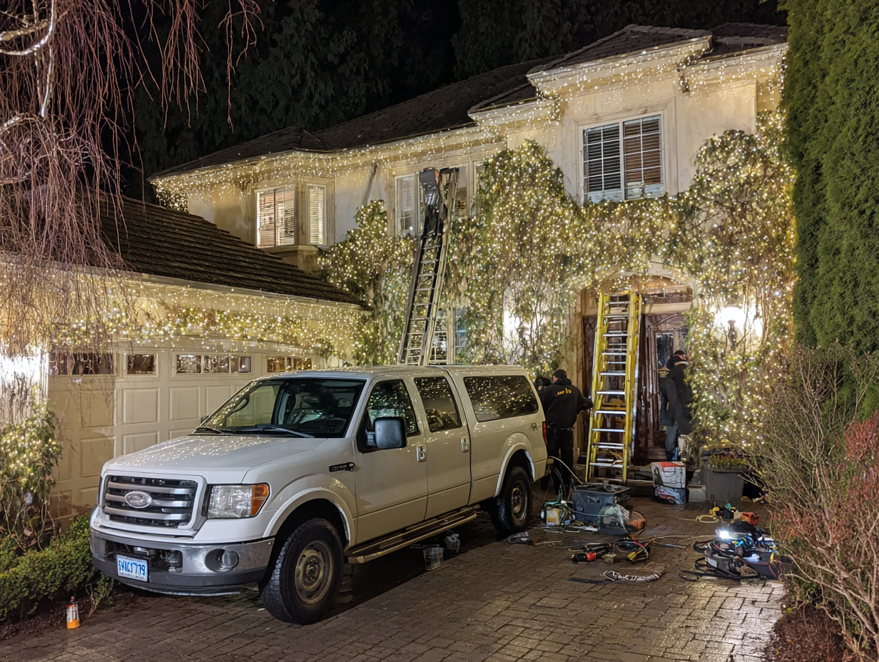 Vancouver Christmas lighting professional services for homes and businesses with LED rooflines, pathways, trees, and patios, festive holiday displays. Holiday lighting installation Vancouver ensures safe, durable, energy-efficient professional Christmas lighting across the city.