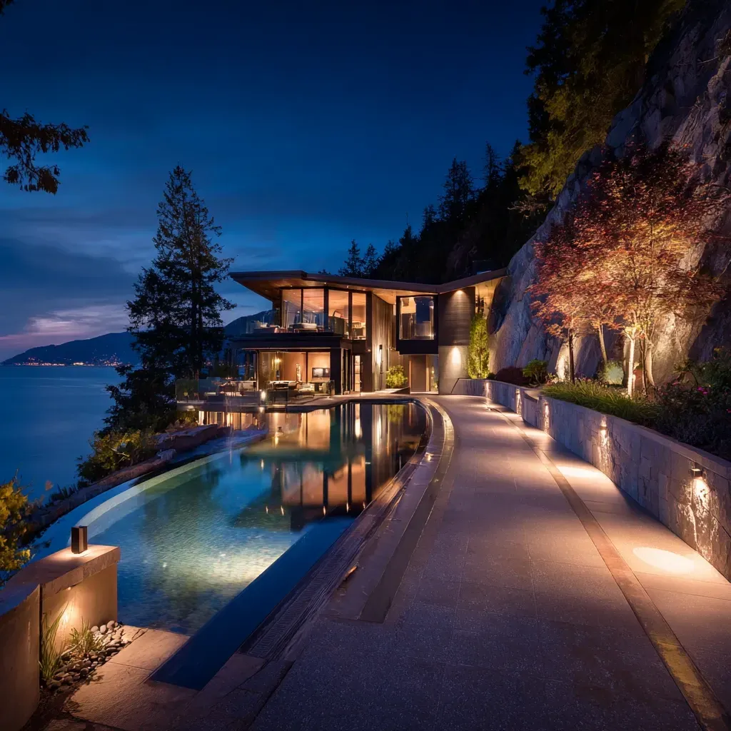 Professional Backyard Lighting Vancouver BC experts creating patio LED illumination, garden path fixtures, driveway floodlights, residential backyard security lights, decorative string lighting, architectural uplighting, and modern commercial backyard LED lighting solutions.