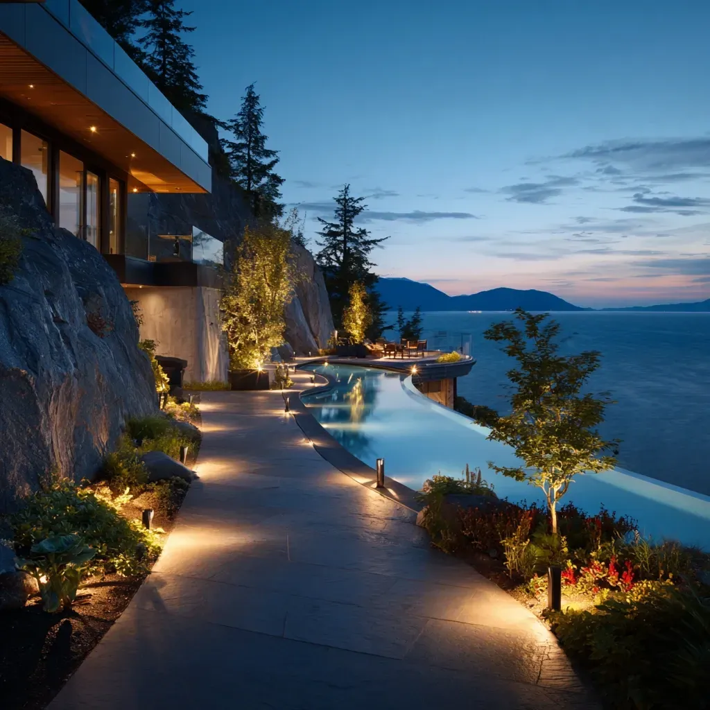 Outdoor Lighting Metro Vancouver BC company offering backyard patio LED designs, residential garden fixtures, driveway accent lights, pathway spotlights, decorative bistro strings, architectural uplighting, and professional commercial outdoor lighting installations.