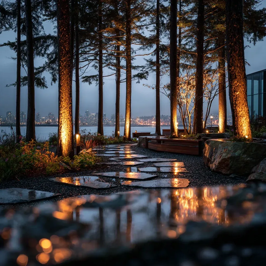 Trusted Landscape Lighting Metro Vancouver BC specialists providing backyard LED systems, patio accent lighting, garden illumination, driveway floodlights, decorative bistro string lights, pathway fixtures, architectural uplights, and complete commercial landscape lighting services.