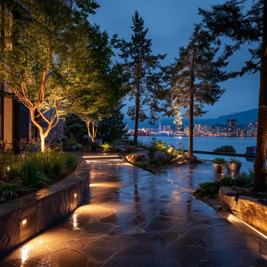 Professional Landscape Lighting Vancouver Moonlit company delivering backyard patio illumination, residential garden LED fixtures, driveway uplighting, decorative bistro strings, architectural accent lights, commercial outdoor LED installations, and customized exterior lighting design across Vancouver.
