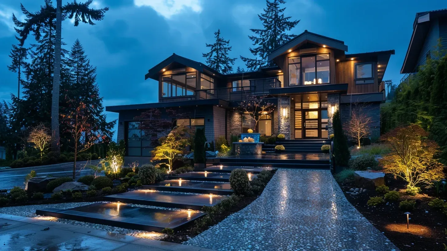 Professional Landscape Lighting Vancouver Moonlit outdoor contractors offering backyard patio LED lighting, decorative bistro strings, modern architectural facade illumination, residential garden uplights, commercial exterior lighting, pathway fixtures, driveway security spotlights, retaining wall lights, and advanced Vancouver LED landscape lighting design services.