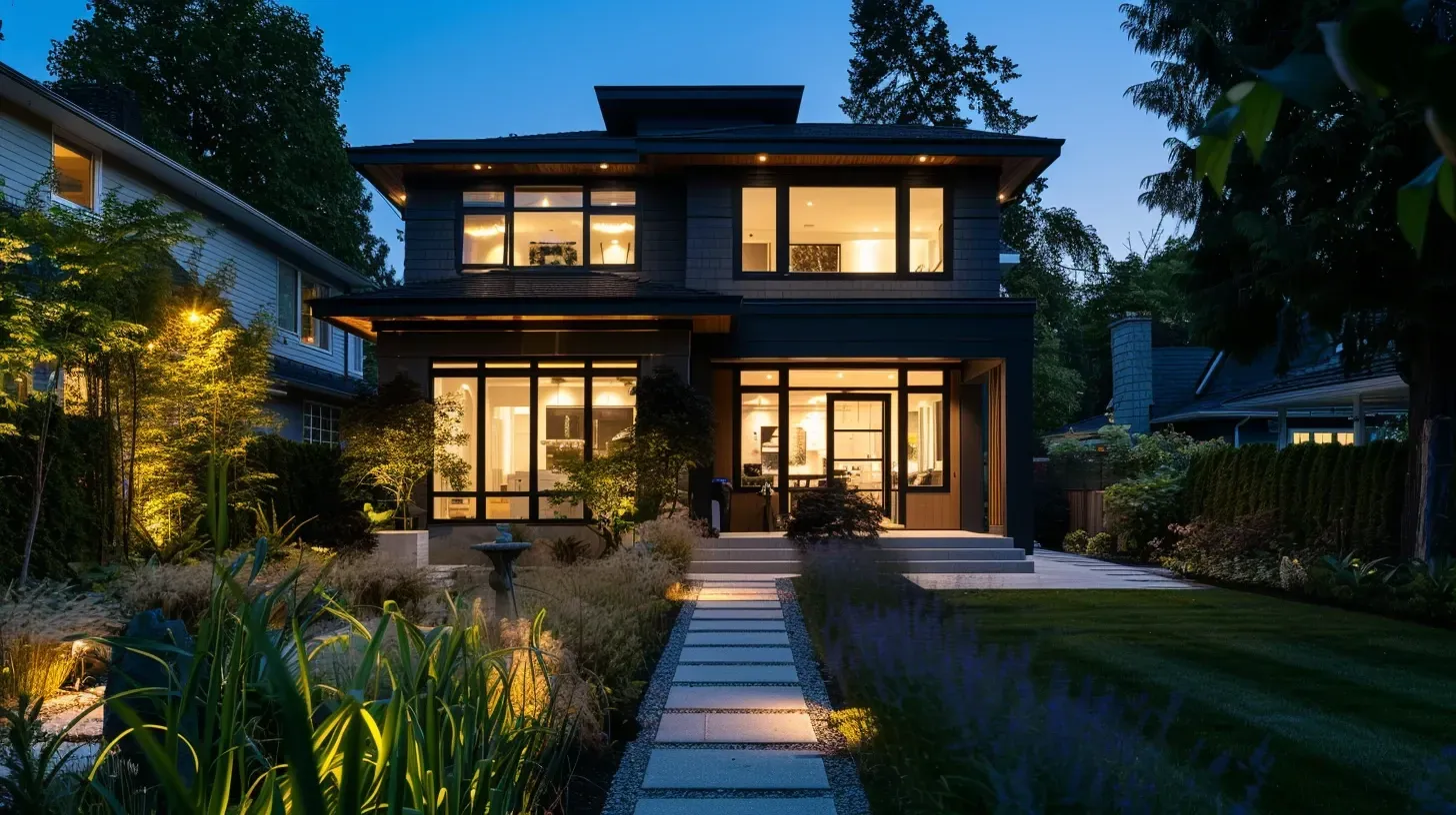 Full-service Landscape Lighting Vancouver Moonlit outdoor design including backyard patio LED fixtures, residential garden illumination, driveway accent lighting, architectural facade uplights, decorative bistro string lights, pathway spotlights, and commercial exterior LED lighting solutions in Vancouver BC.