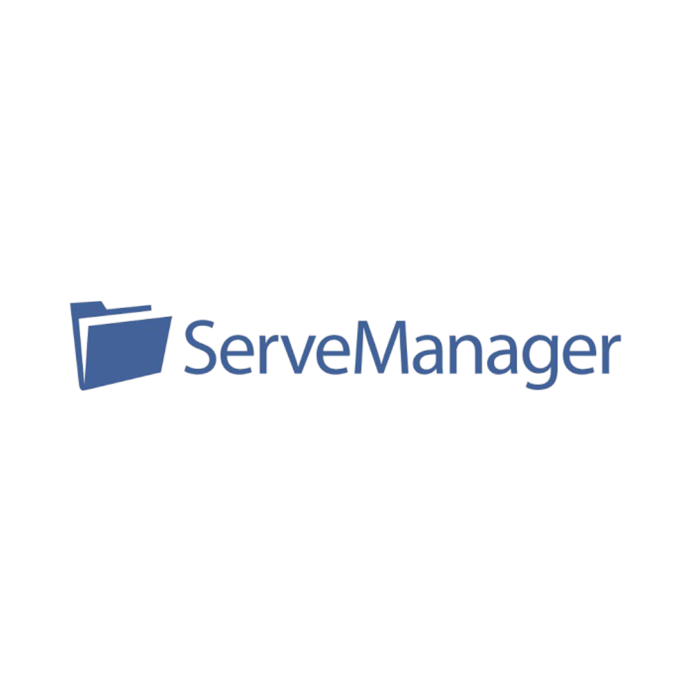 A logo for a company called servemanager with a folder on a white background.