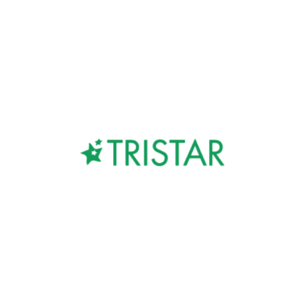 A tristar logo with a green star on a white background