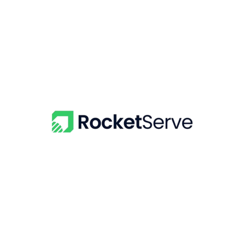 The logo for rocketserve is a green and black logo on a white background.
