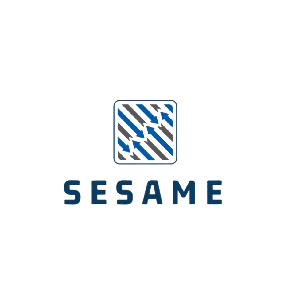 A logo for sesame with a blue and gray square