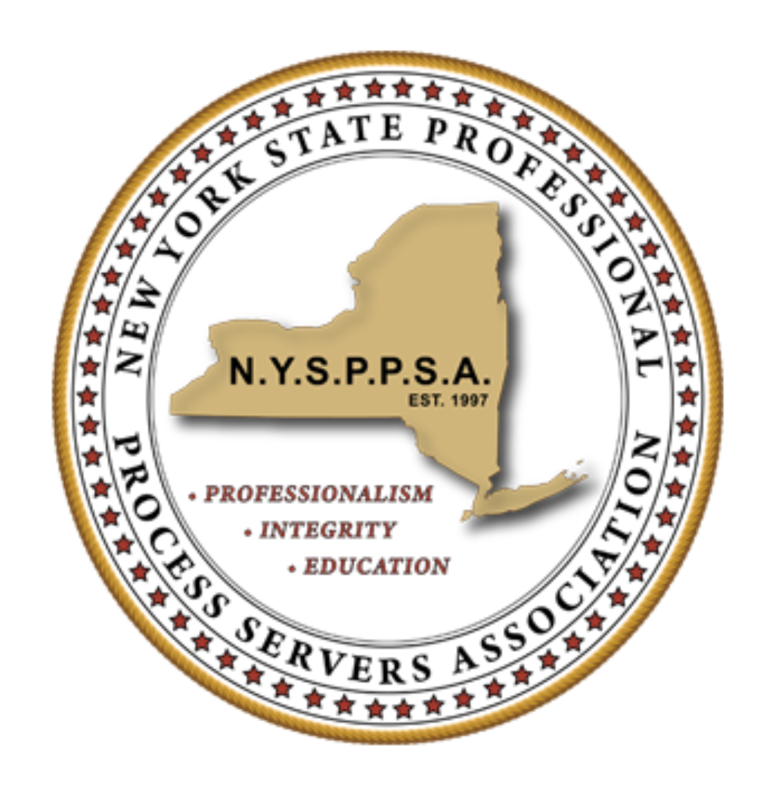 Seal of the New York State Professional Process Servers Association. Includes the state's outline.