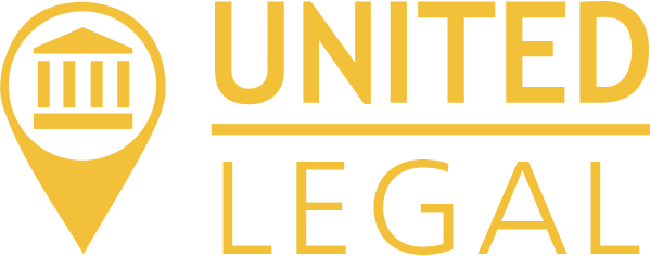 A logo for united legal with a yellow pin on a white background.