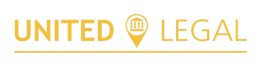 A logo for united legal with a map pin on a white background.
