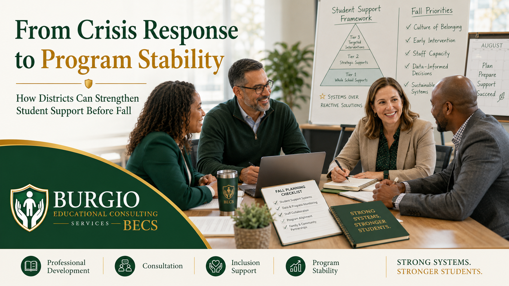 Professionals in a meeting with headline: “From Crisis Response to Program Stability”