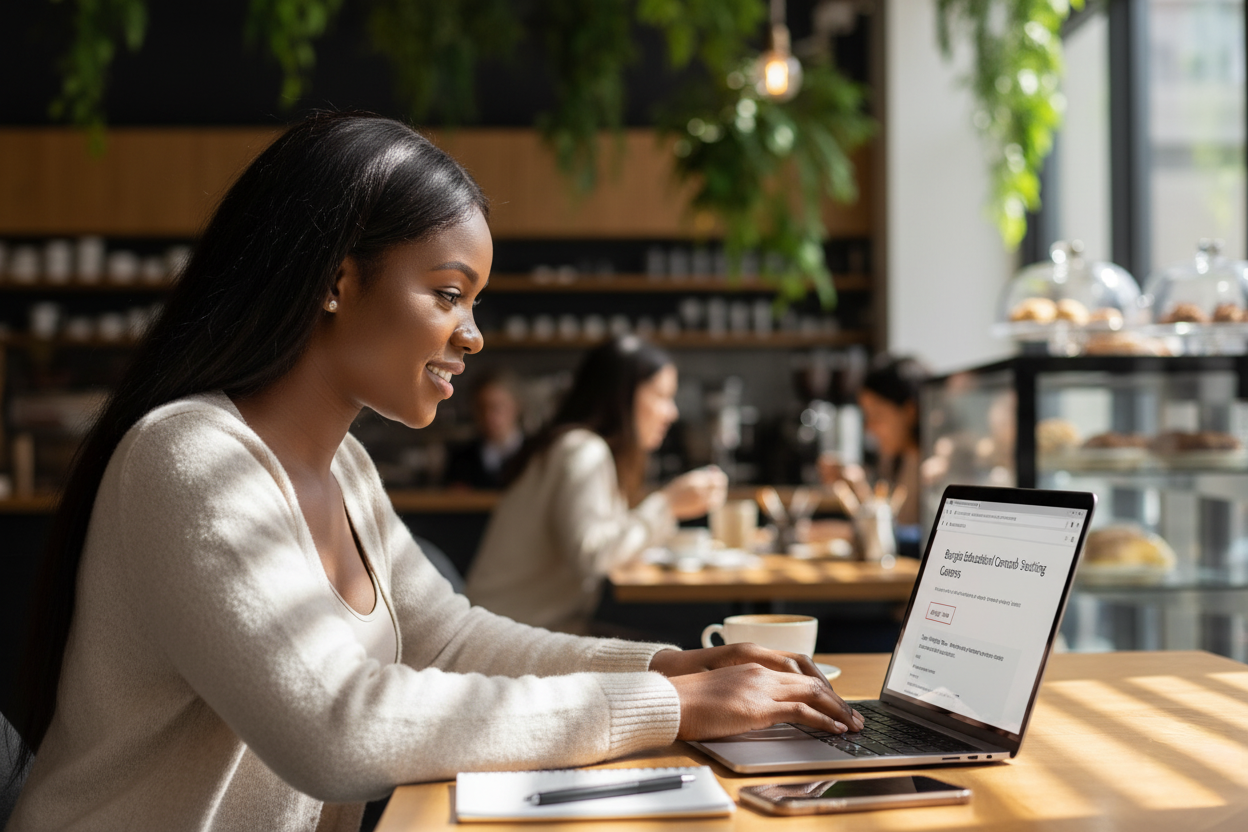 A man with glasses and a beard smiles while typing on a laptop at a desk with an American flag.