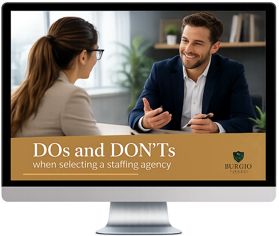 Business meeting screenshot titled “DOs and DON’Ts when selecting a staffing agency” on a desktop monitor