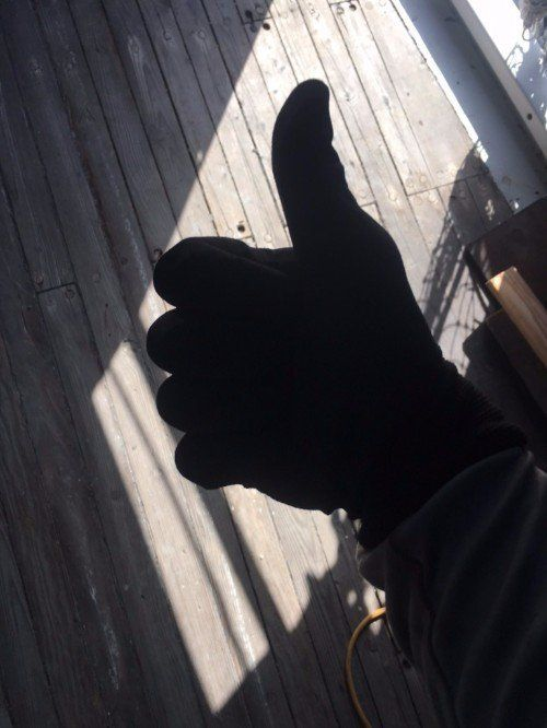 A person wearing a black glove is giving a thumbs up
