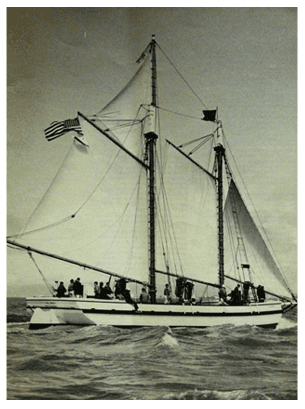 A black and white photo of a scow Schooner