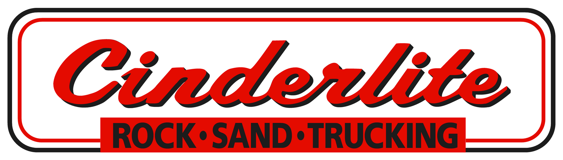 A red and white logo for cinderlite rock sand trucking