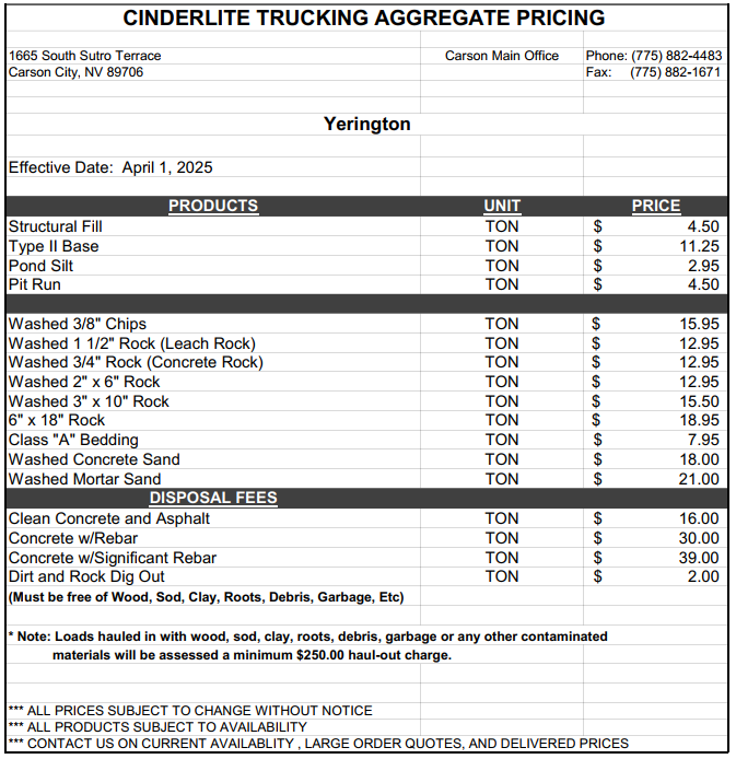A price list for cinderlite trucking aggregate pricing