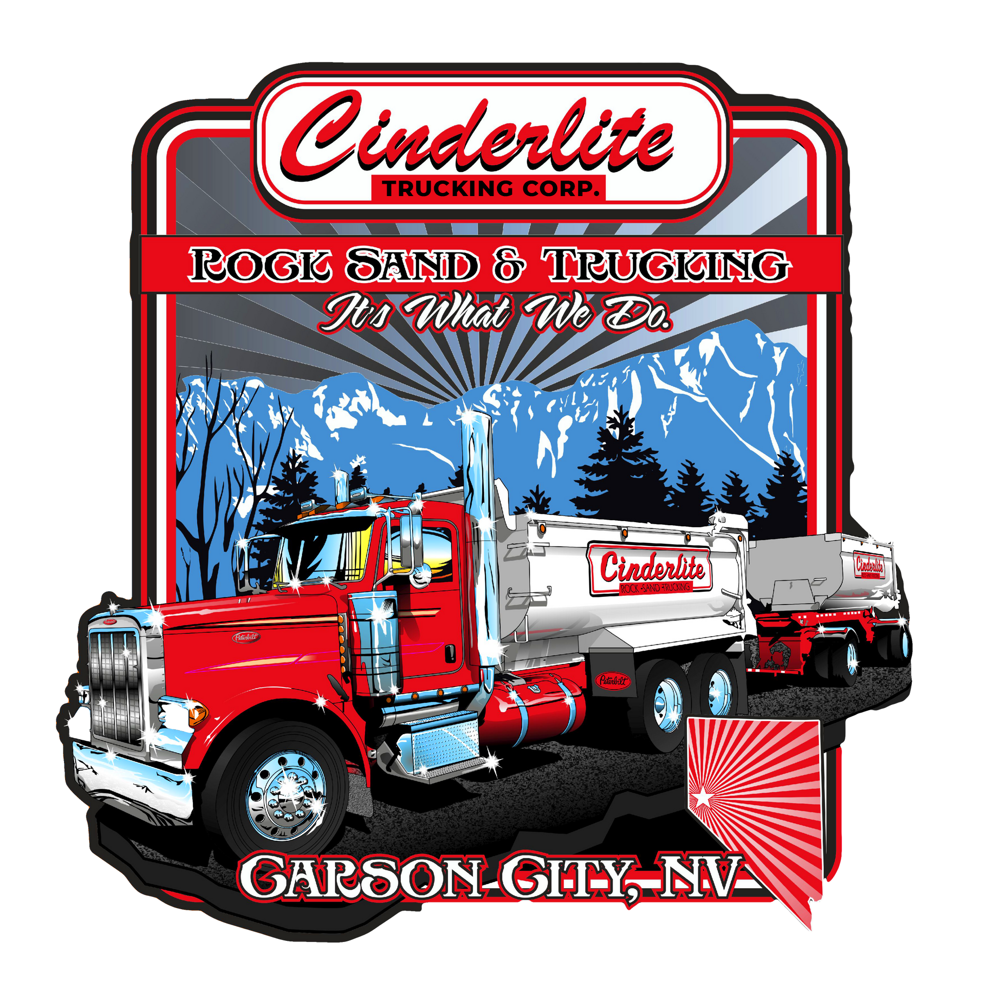 A poster for cinderlite trucking company shows a dump truck