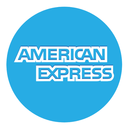The american express logo is in a blue circle on a white background.