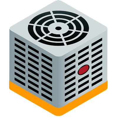 An isometric illustration of an air conditioner with a red circle in the middle.