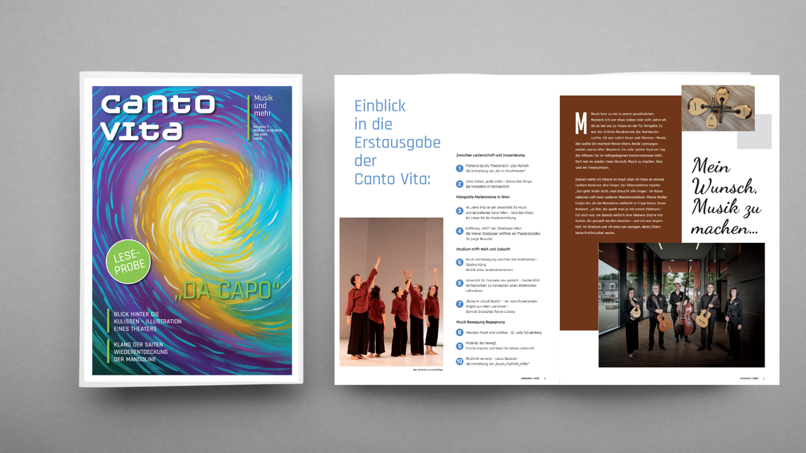 Auf diesem Bild ist das Titelbild der Canto VIta zu sehen und ein Einblick in die Zeitschrift. Sie ist professionell aufbereitet.