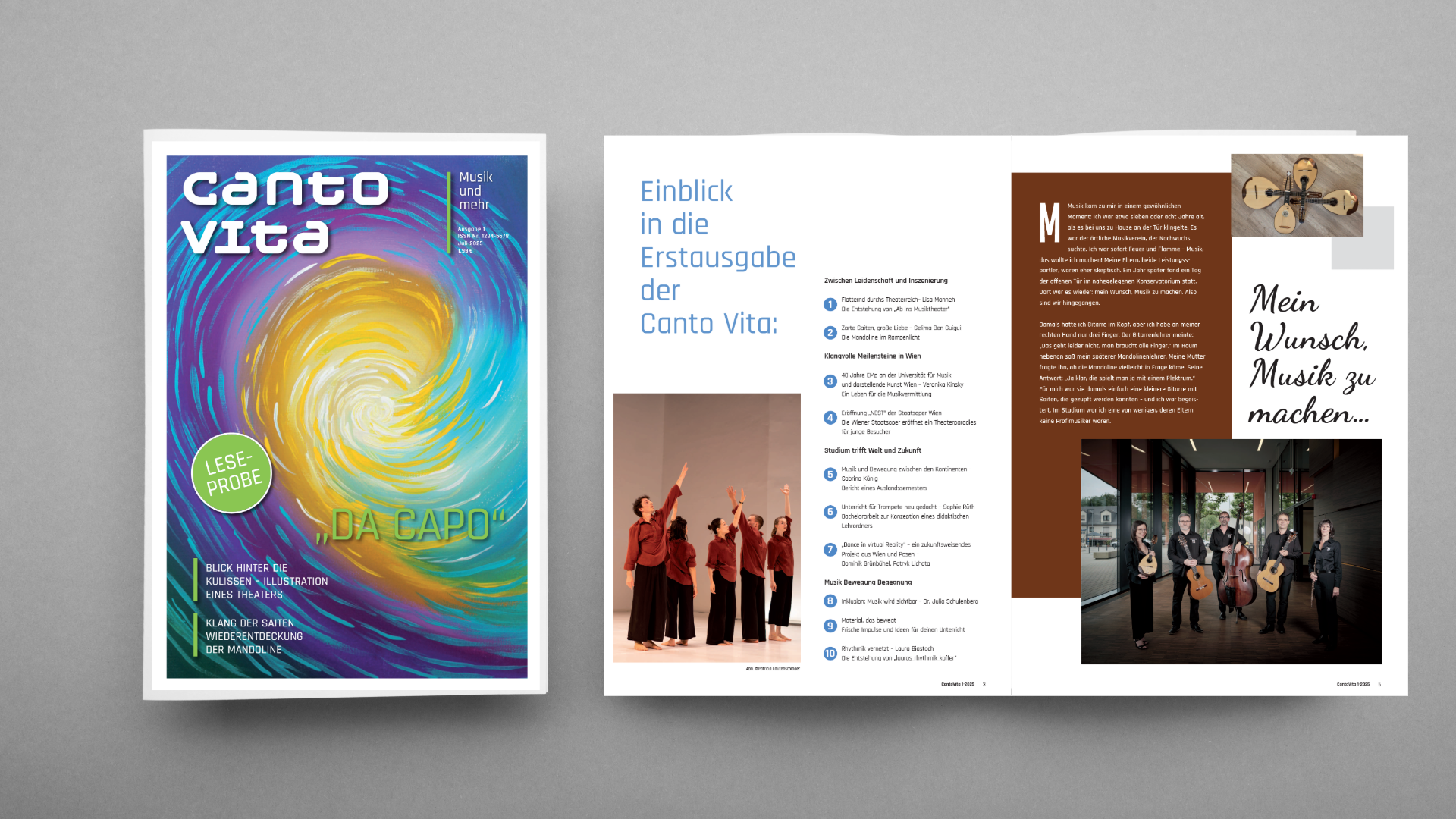 Auf diesem Bild ist das Titelbild der Canto VIta zu sehen und ein Einblick in die Zeitschrift. Sie ist professionell aufbereitet.
