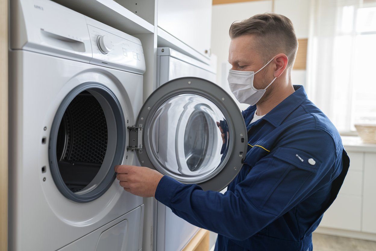 A man wearing a mask is fixing a washing machine.