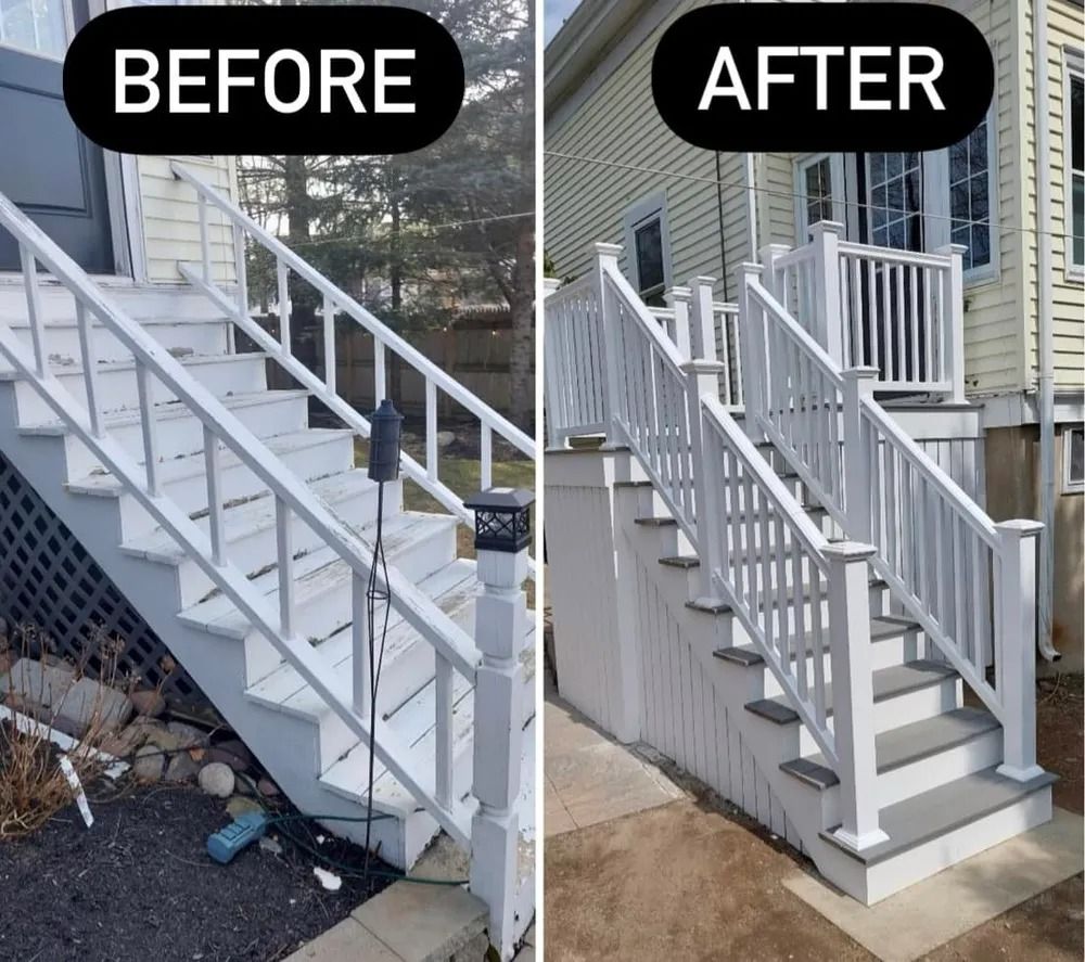Before-and-after of an exterior staircase renovation, showing old gray steps replaced with a cleaner white railing and trim.