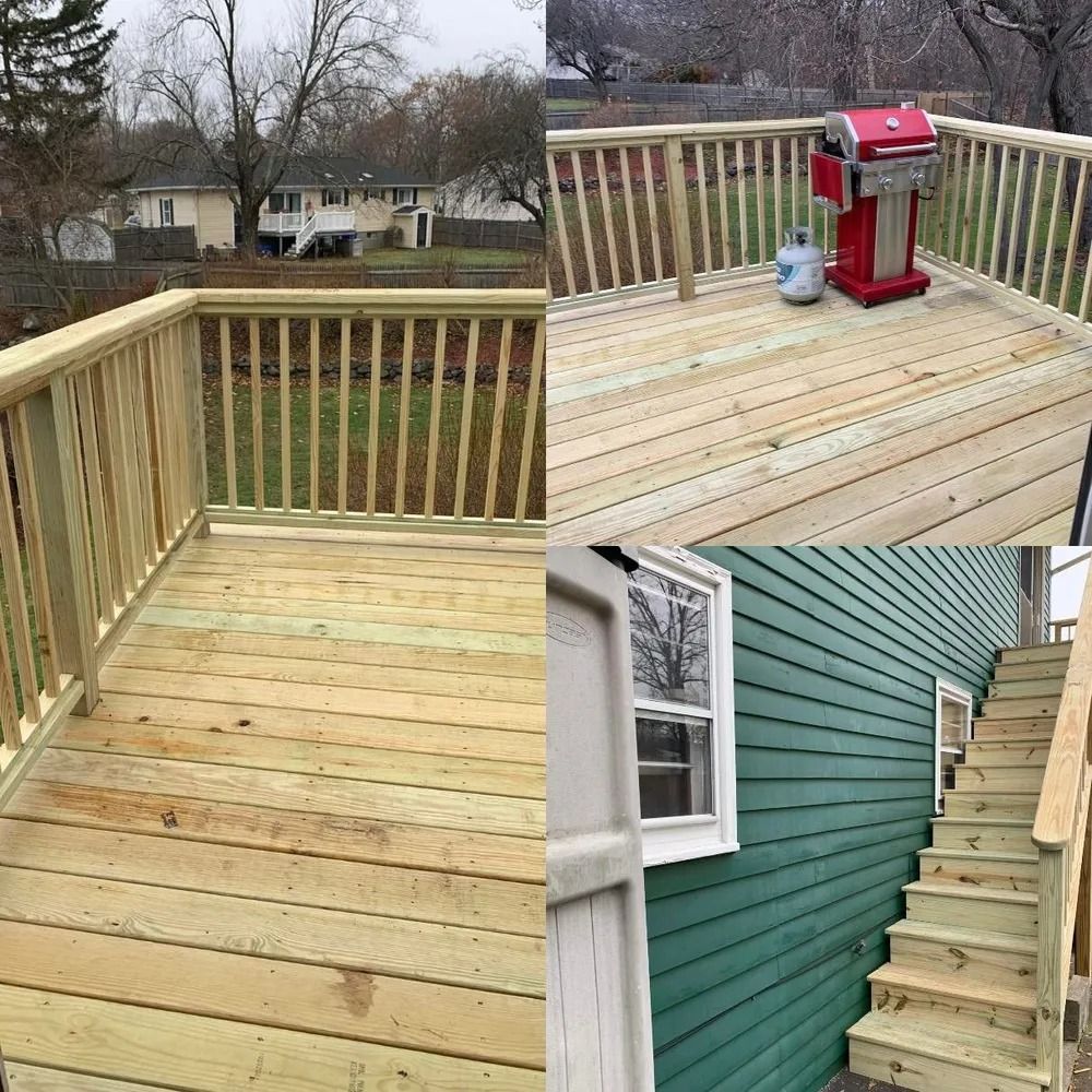 Composite of a new wooden deck and stairs attached to a house, with railing and a red grill on top.