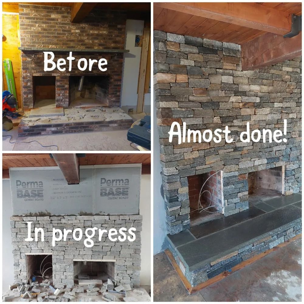 Stone fireplace renovation progress collage labeled before, in progress, and almost done.