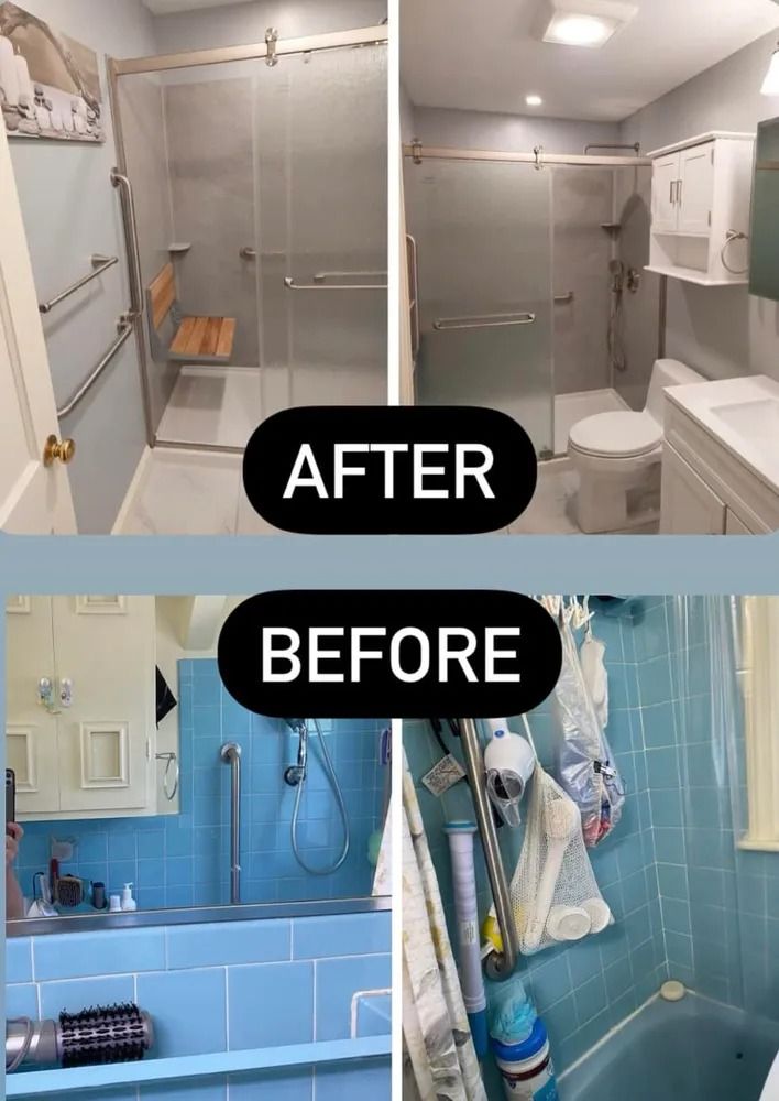Before-and-after bathroom shower remodel: blue tile changed to gray glass shower with tiled bench.