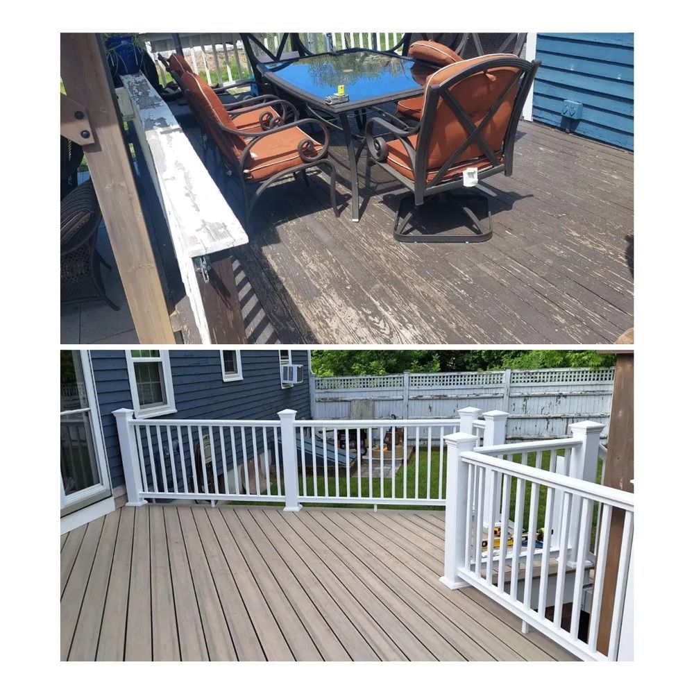 Composite of two deck photos: one with patio table and chairs, one with gray deck and white railing