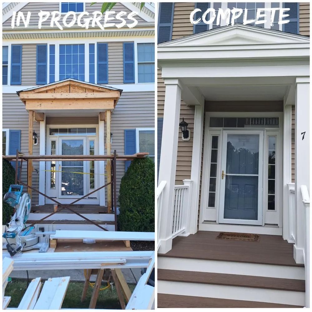 Before-and-after porch renovation on a blue house, labeled “In Progress” and “Complete.”