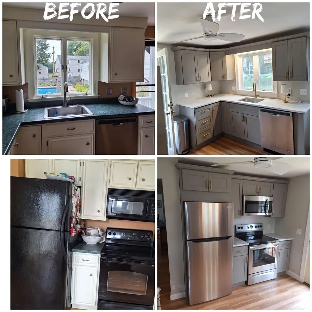 Before-and-after collage of a kitchen remodel, showing a dark outdated kitchen updated to a bright gray-and-white kitchen.