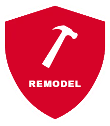 A red shield-shaped emblem featuring a white hammer icon above the word 