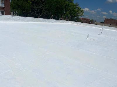A white roof with trees in the background and a building in the background.