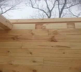 Wooden wall under construction with cutouts, against a bare tree background.