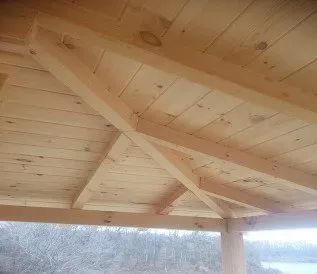 Wooden gazebo ceiling with cross beams.