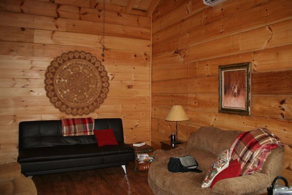 Cozy living room with wood-paneled walls. 