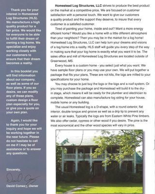 A document from Homestead Log Structures, LLC with text describing log home features and a photo of a two-story log home.