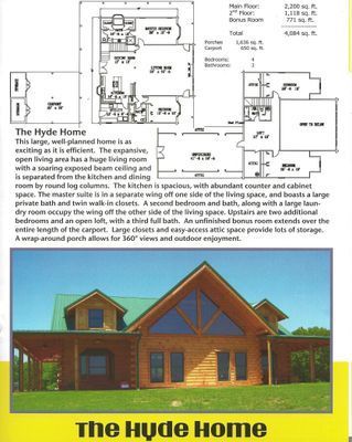 Floor plan and exterior photo of the Hyde Home, a spacious log cabin with a wrap-around porch.
