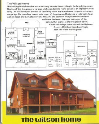 Floor plan and exterior photo of the Wilson home, a two-story log cabin with a wrap-around porch.