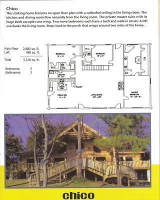 Floor plan and photo of a wooden home, labeled 