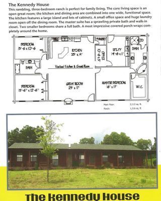 Floor plan and exterior photo of the Kennedy House. 