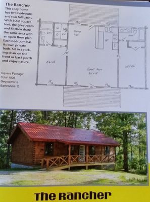 Floor plan and exterior photo of a log cabin ranch-style home with a red roof and porch.