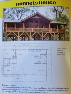 Runnels House design: wooden elevated cabin with porch, floor plan below.
